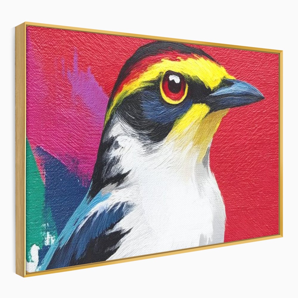 Tablou canvas cu tablou canvas cu pasare colorata in profil, in rama de aluminiu auriu